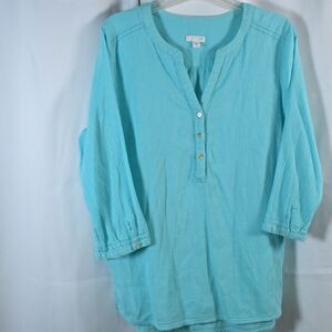 J Jill Womens Medium Blue 3/4 Sleeve Cotton Popover Tunic Shirt Blouse